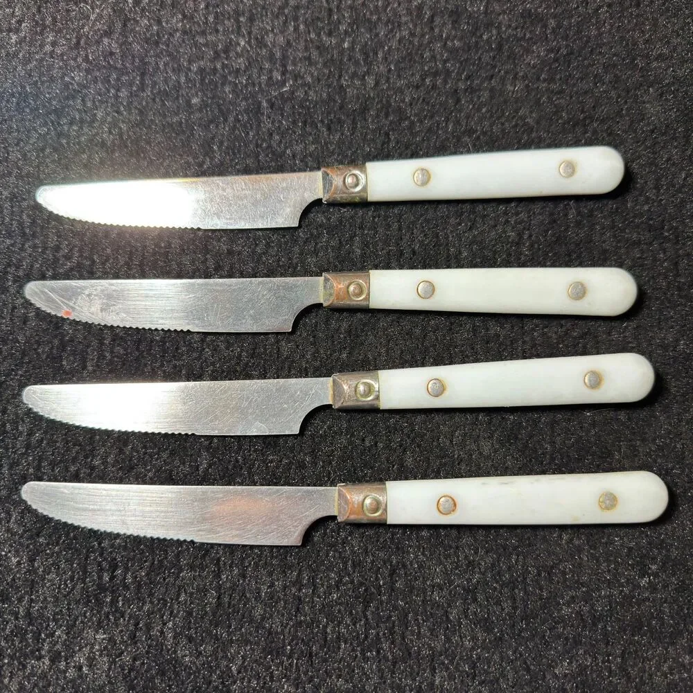 Steak Knives White Plastic Handle Serrated Stainless Steel Dinner Knife Vintage